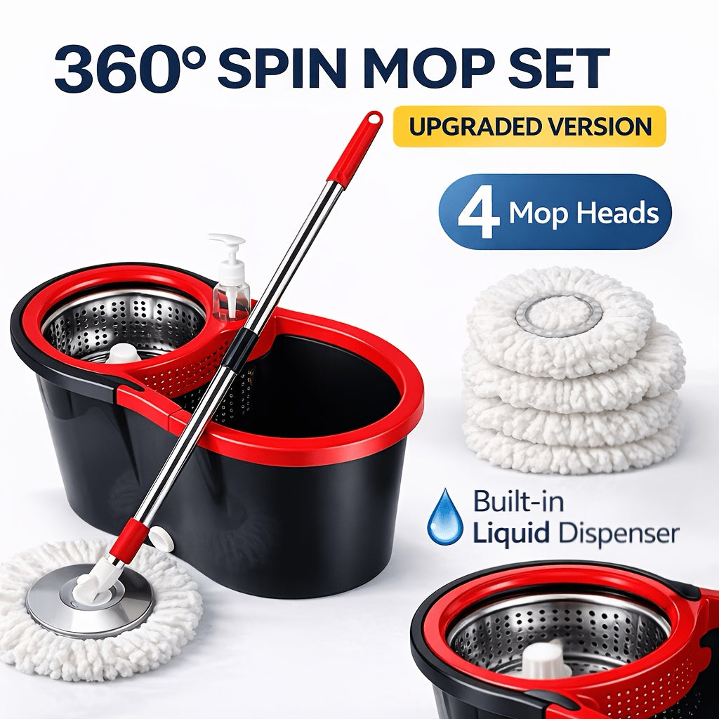 360° Spin Mop and Bucket Set with Wringer, Microfiber Spinning Floor Mop System, Durable Cleaning Mop Kit with Replacement Mop Heads for Household Floor Cleaning