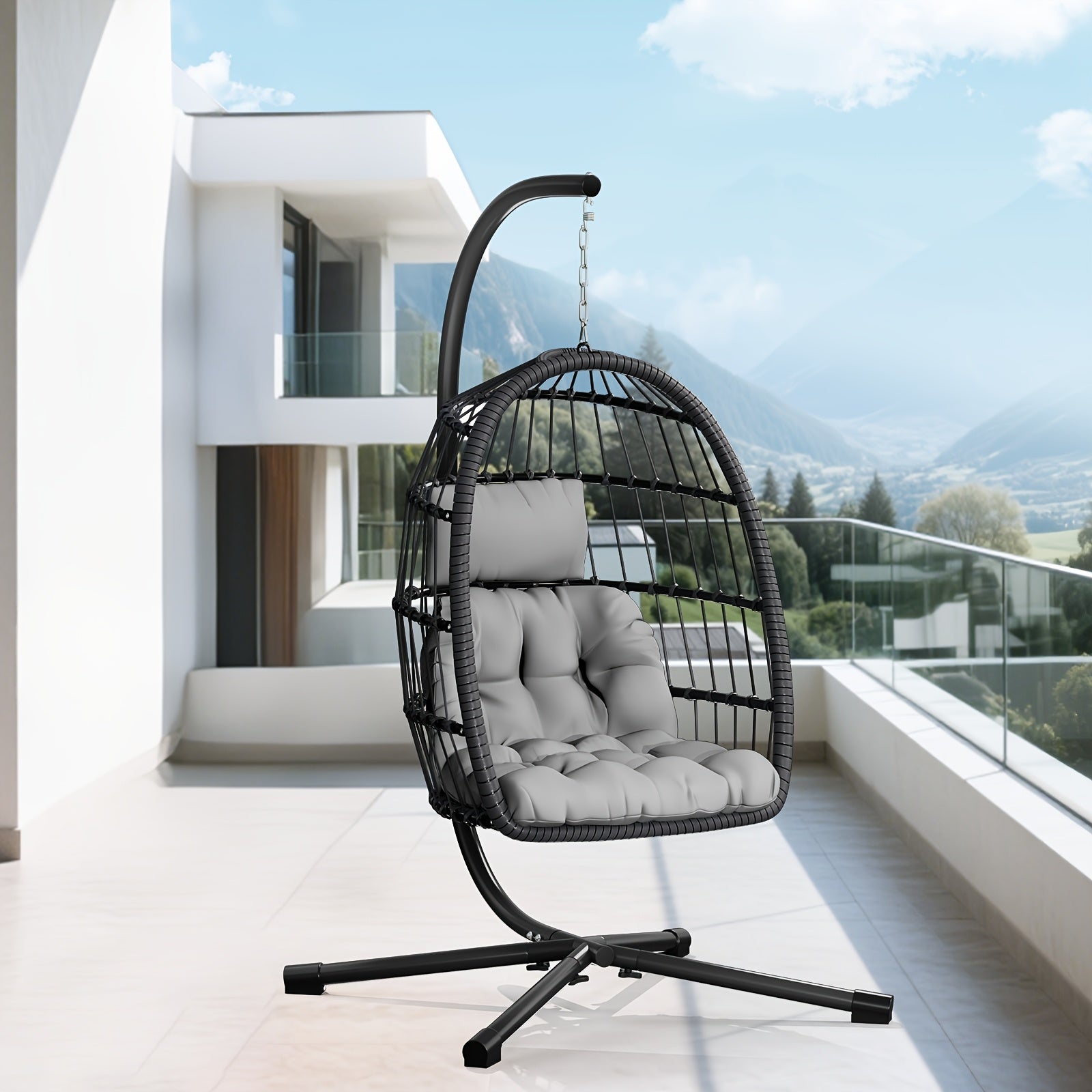 LEVELEVE Rattan Wicker Egg Chair with Stand, 350LBS Outdoor Hanging Swing Hammock Chair, Aluminum Frame UV Resistant Cushion