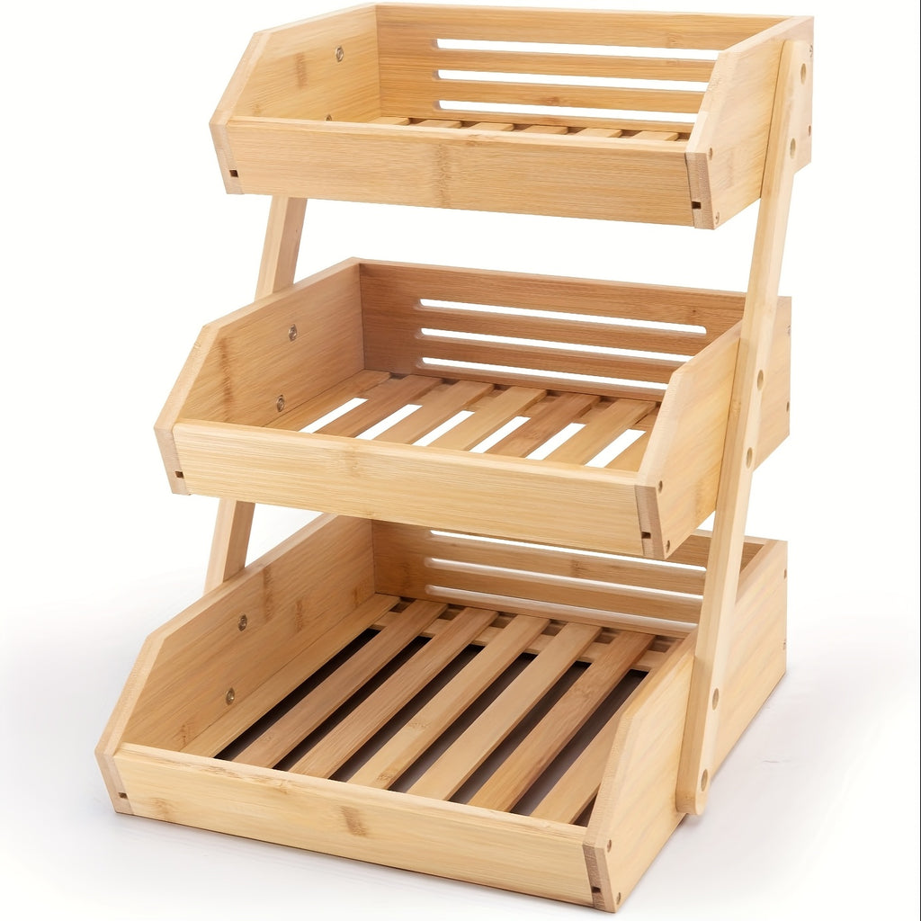 2/3 Tier Wooden Fruit Vegetable Basket Stand, Open Slat Kitchen Countertop Organizer, Multi-Level Storage Shelf for Bread, Produce & Daily Food