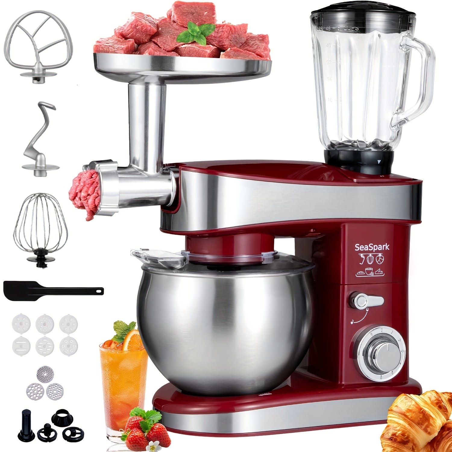 6-in-1 400W Electric Vertical Mixer, 6 Speed Pulse Control Stand Mixer, 6.3QT Stainless Steel Bowl with Dough Hook Egg Beater Juicer Meat Grinder Noodle Press Attachments