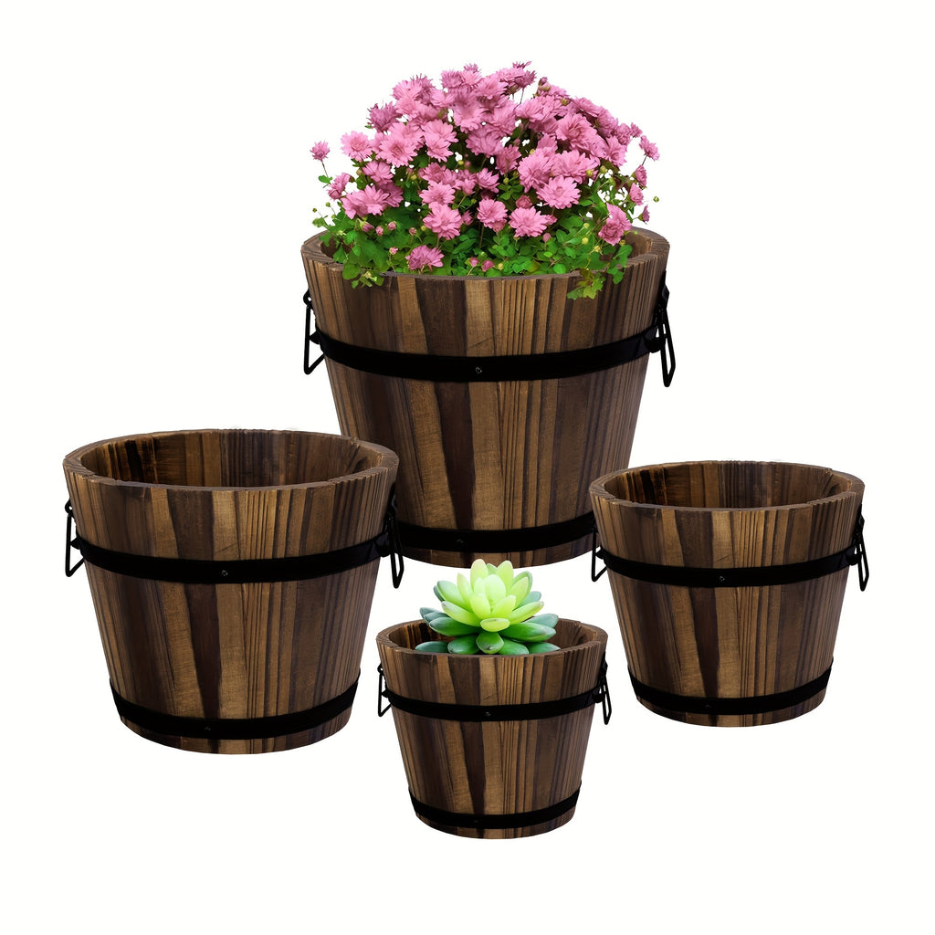 Rustic Wooden Whiskey Barrel Planters, 4 Sizes Bucket Flower Pot Set, Indoor Outdoor Garden Plant Containers for Home Decor
