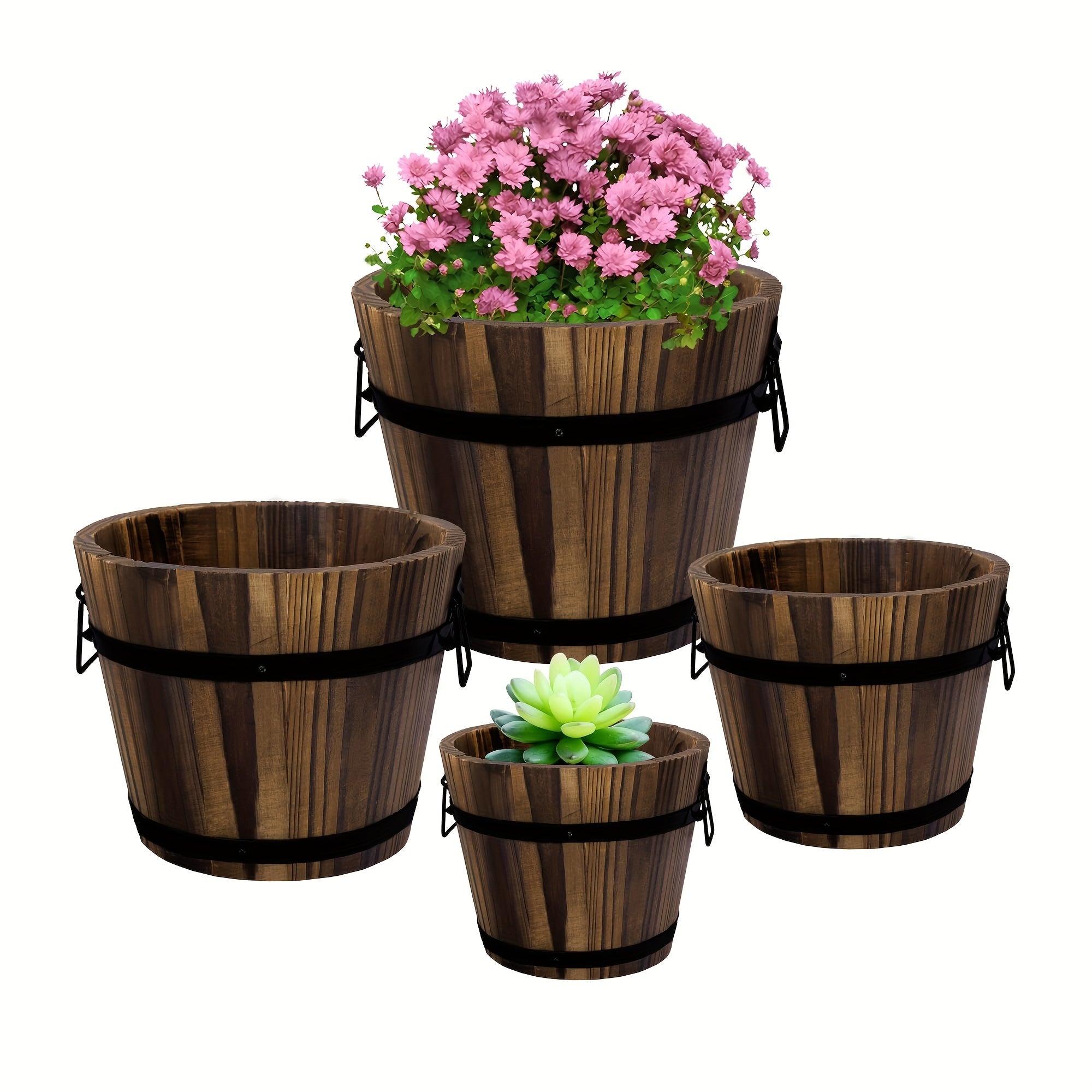 Rustic Wooden Whiskey Barrel Planters, 4 Sizes Bucket Flower Pot Set, Indoor Outdoor Garden Plant Containers for Home Decor
