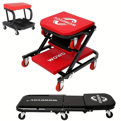 3-in-1 Z-Shaped Auto Repair Seat, 500 LBS Capacity Foldable Rolling Mechanics Stool with 6 Wheels, Adjustable Garage Creeper for Sitting, Lying & Leaning