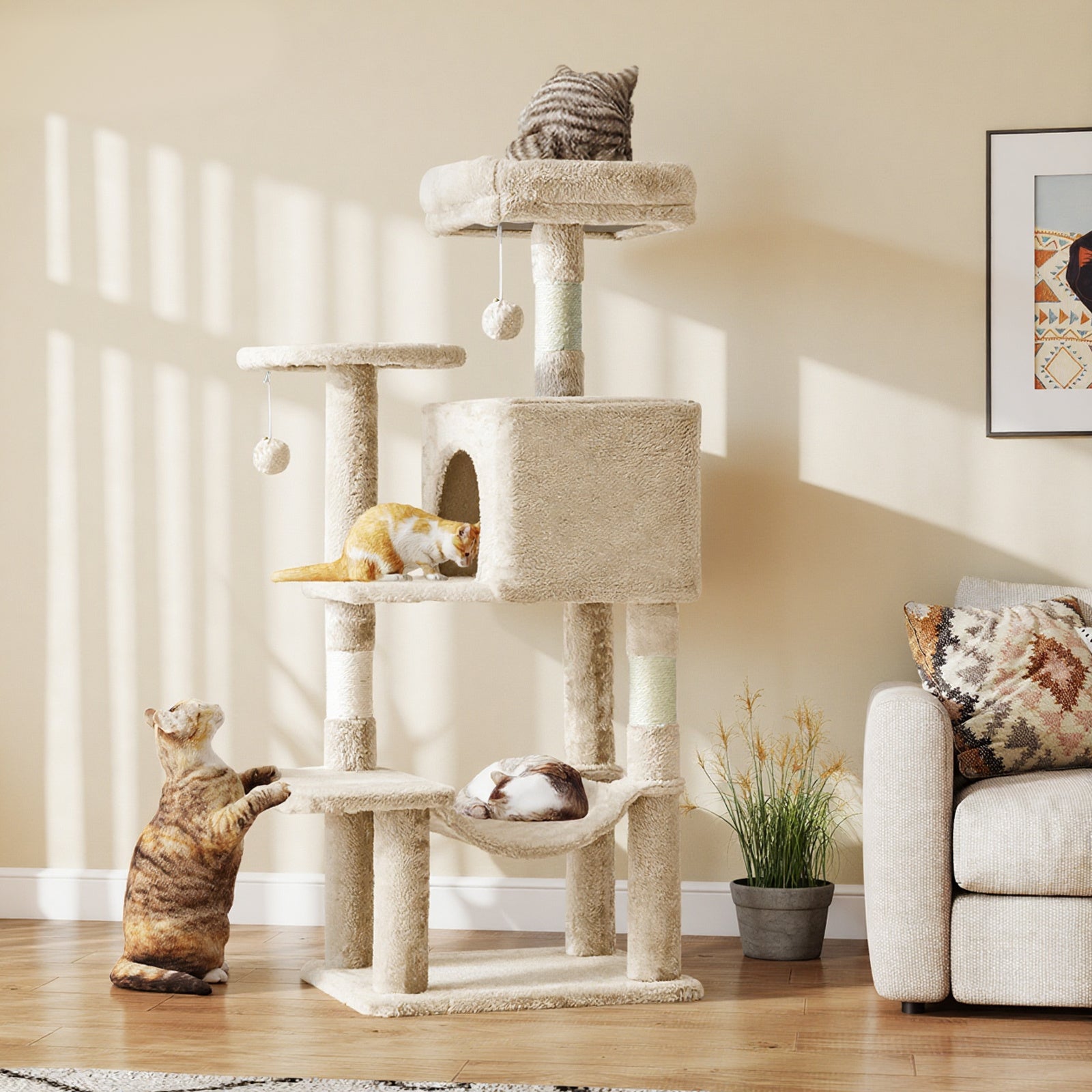 44-Inch Cat Tree Tower with Condo and Hammock, Natural Sisal Scratching Post, Multi-Level Indoor Cat Play House for Multiple Cats
