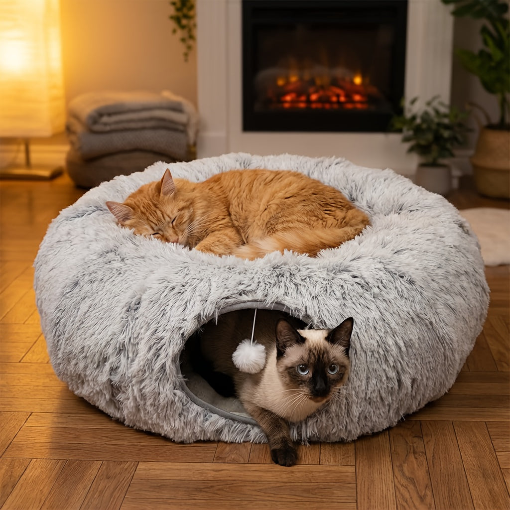 2IN1 Plush Cat Tunnel Donut Bed, Winter Warm Enclosed Hideaway Nest with Hanging Pom Pom Toy, Extra Thick Anxiety Relief Pet Bed Non Slip Base for Indoor Cats