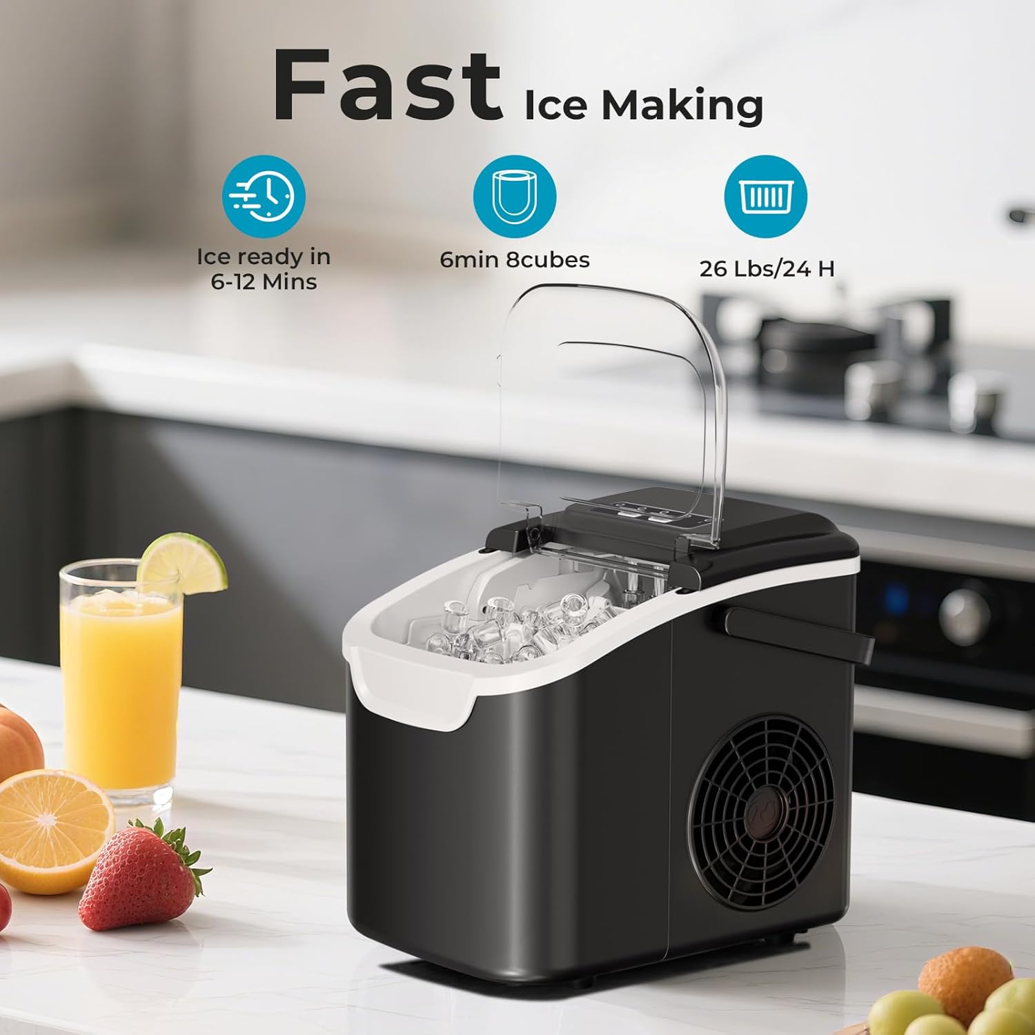 Ice Makers Countertop, Portable Ice Machine, Pebble Ice Machine with Chewable Pellet Ice, 26 Lbs/24 H, 33 Lbs/24 H,35 Lbs/24 H Self-Cleaning,One-Click Operation, for Kitchen, Office, Stainless Steel Black/Silvery