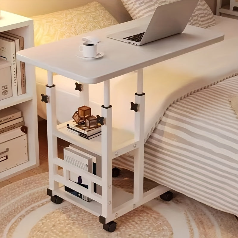 Height-Adjustable Mobile Laptop Table - 4-Wheel Rolling Study/Workstation Desk with Dual Shelves for Bedside/Dorm/Office Use, Sturdy Steel Frame & Modern Finish (Space-Saving Design)