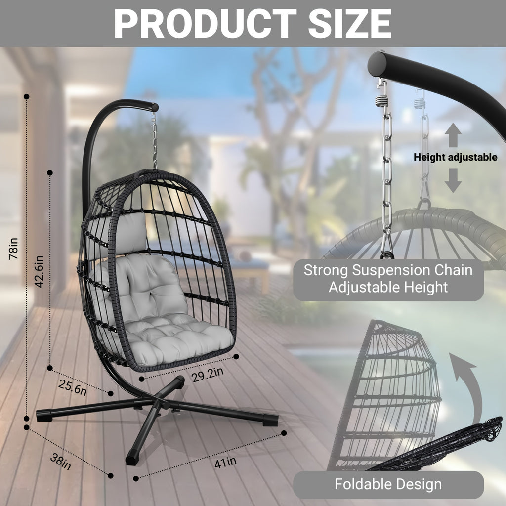 LEVELEVE Rattan Wicker Egg Chair with Stand, 350LBS Outdoor Hanging Swing Hammock Chair, Aluminum Frame UV Resistant Cushion