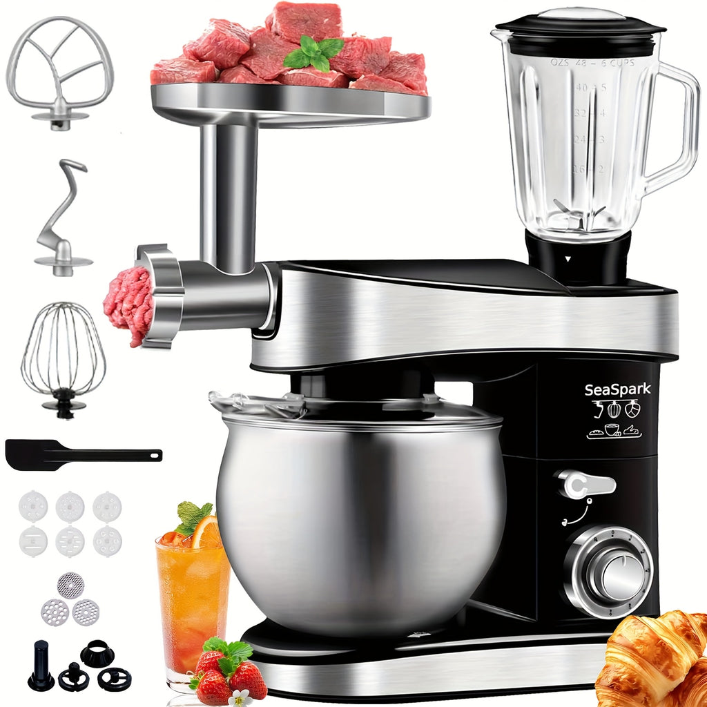 6-in-1 400W Electric Vertical Mixer, 6 Speed Pulse Control Stand Mixer, 6.3QT Stainless Steel Bowl with Dough Hook Egg Beater Juicer Meat Grinder Noodle Press Attachments