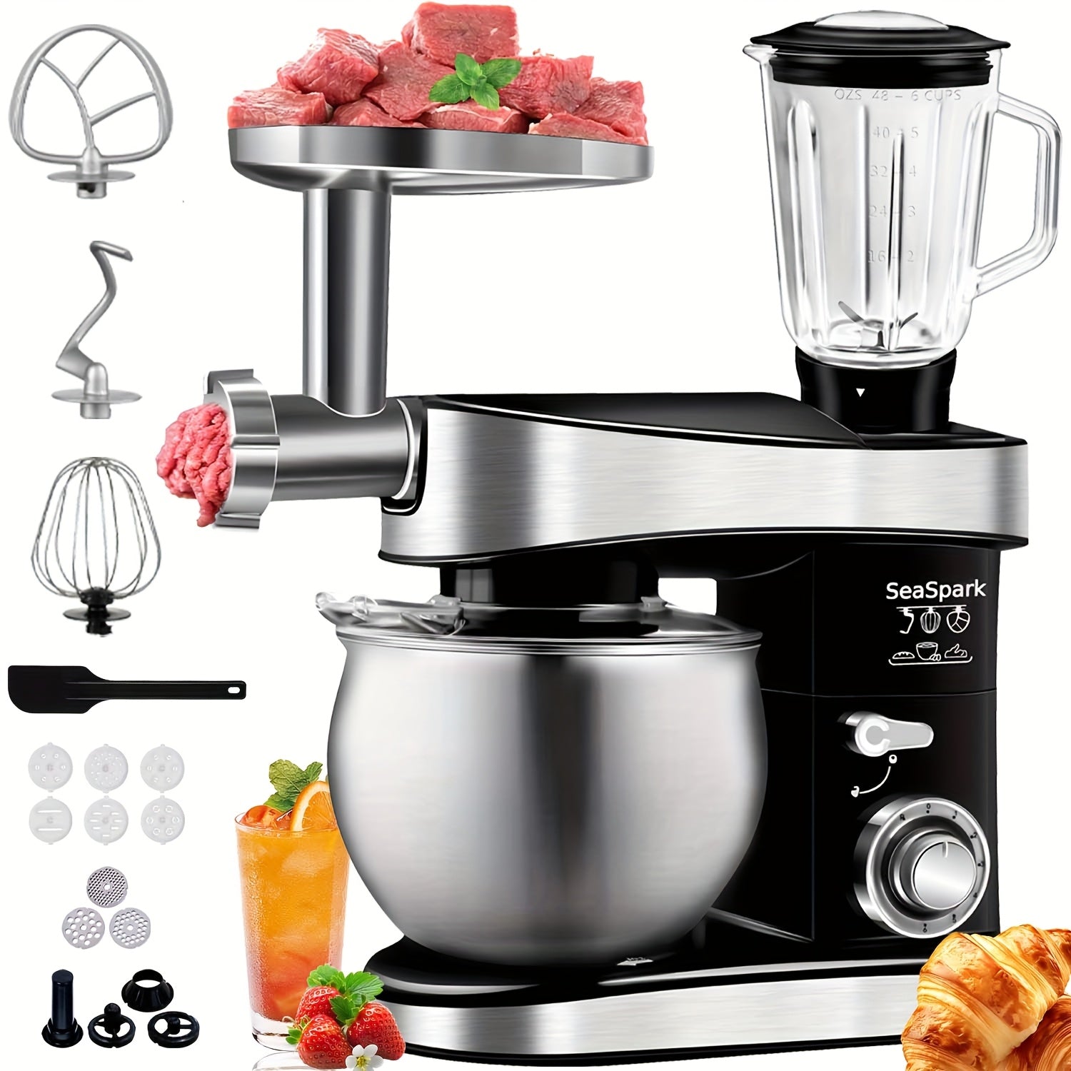 6-in-1 400W Electric Vertical Mixer, 6 Speed Pulse Control Stand Mixer, 6.3QT Stainless Steel Bowl with Dough Hook Egg Beater Juicer Meat Grinder Noodle Press Attachments