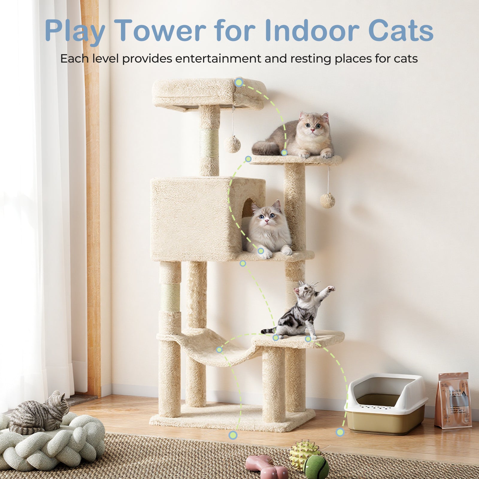 44-Inch Cat Tree Tower with Condo and Hammock, Natural Sisal Scratching Post, Multi-Level Indoor Cat Play House for Multiple Cats