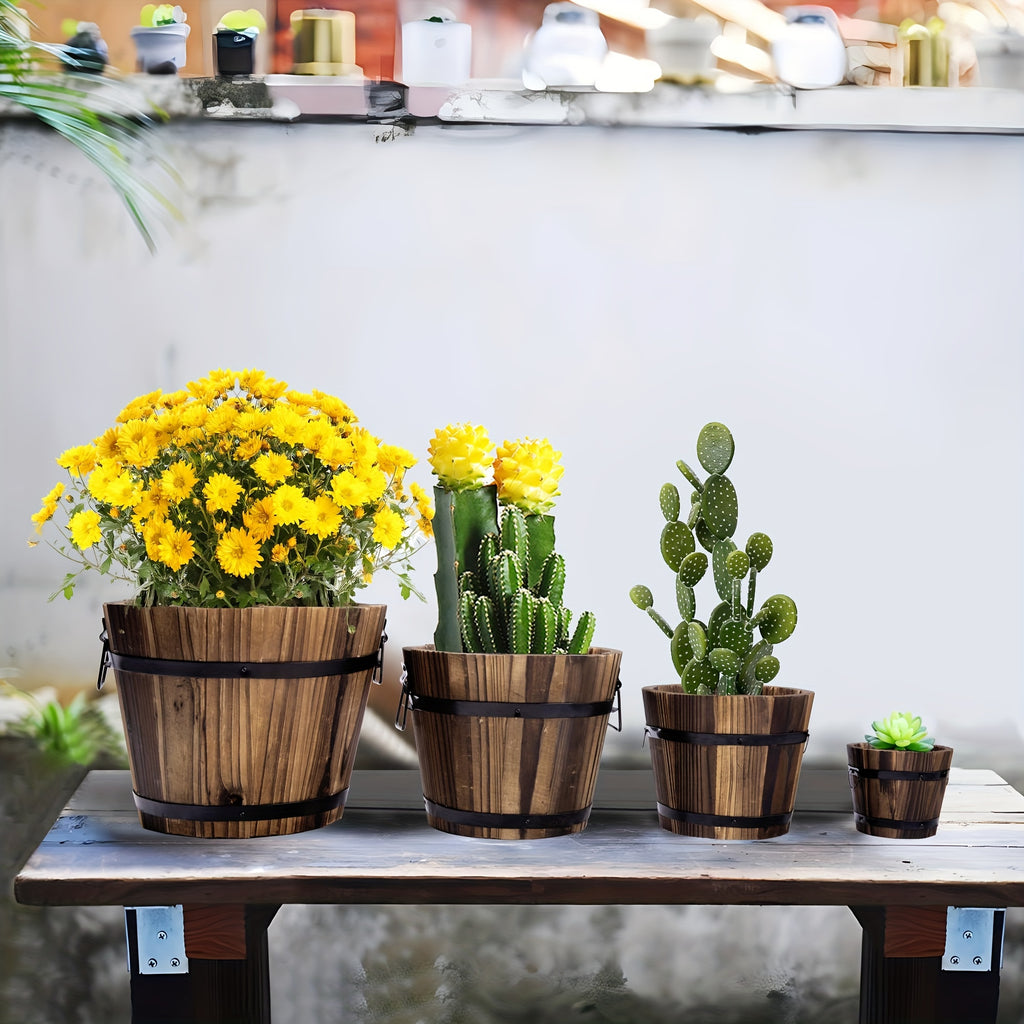Rustic Wooden Whiskey Barrel Planters, 4 Sizes Bucket Flower Pot Set, Indoor Outdoor Garden Plant Containers for Home Decor
