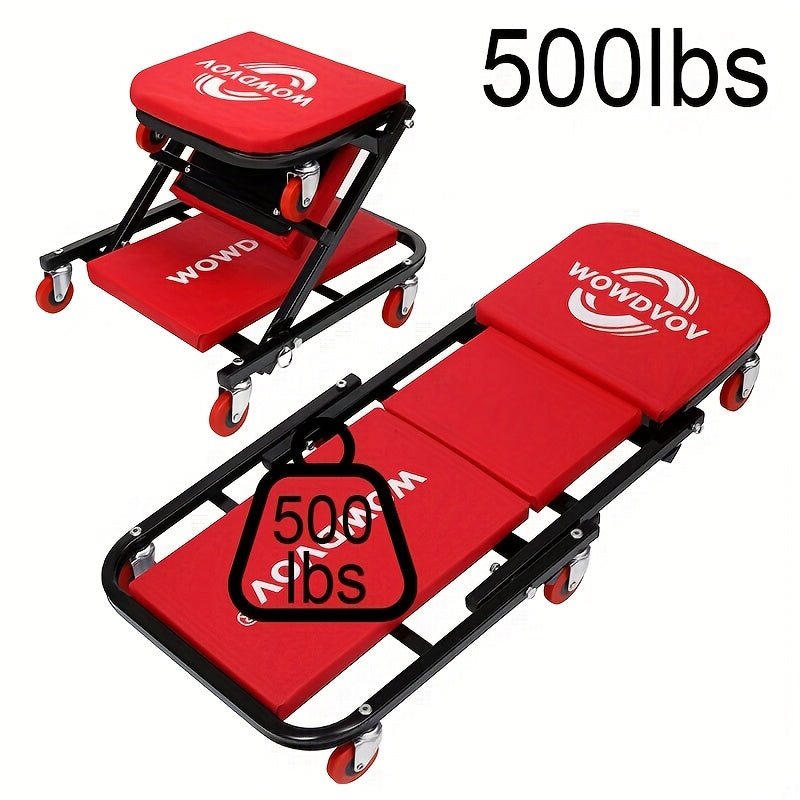 3-in-1 Z-Shaped Auto Repair Seat, 500 LBS Capacity Foldable Rolling Mechanics Stool with 6 Wheels, Adjustable Garage Creeper for Sitting, Lying & Leaning