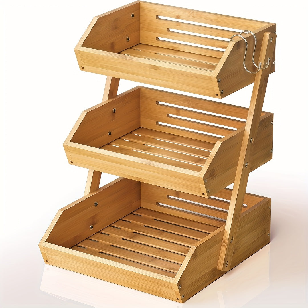 2/3 Tier Wooden Fruit Vegetable Basket Stand, Open Slat Kitchen Countertop Organizer, Multi-Level Storage Shelf for Bread, Produce & Daily Food