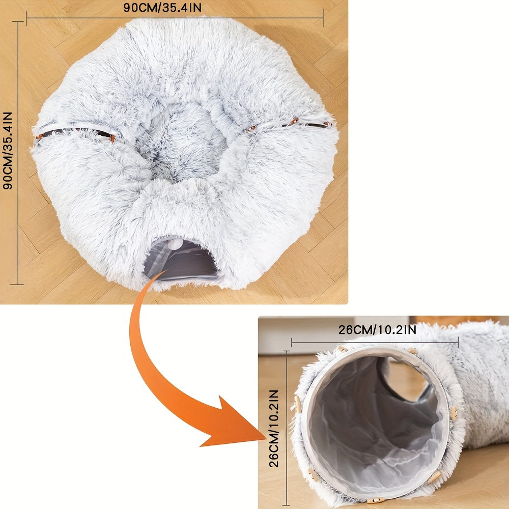 2IN1 Plush Cat Tunnel Donut Bed, Winter Warm Enclosed Hideaway Nest with Hanging Pom Pom Toy, Extra Thick Anxiety Relief Pet Bed Non Slip Base for Indoor Cats