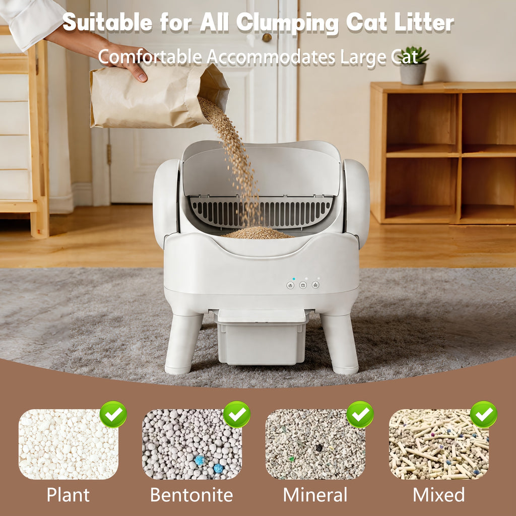Automatic Self Cleaning Cat Litter Box, Low Noise Open Design Cat Toilet, Anti-Splash High Side Odor Control Litter Box with Large Waste Drawer for All Size Cats
