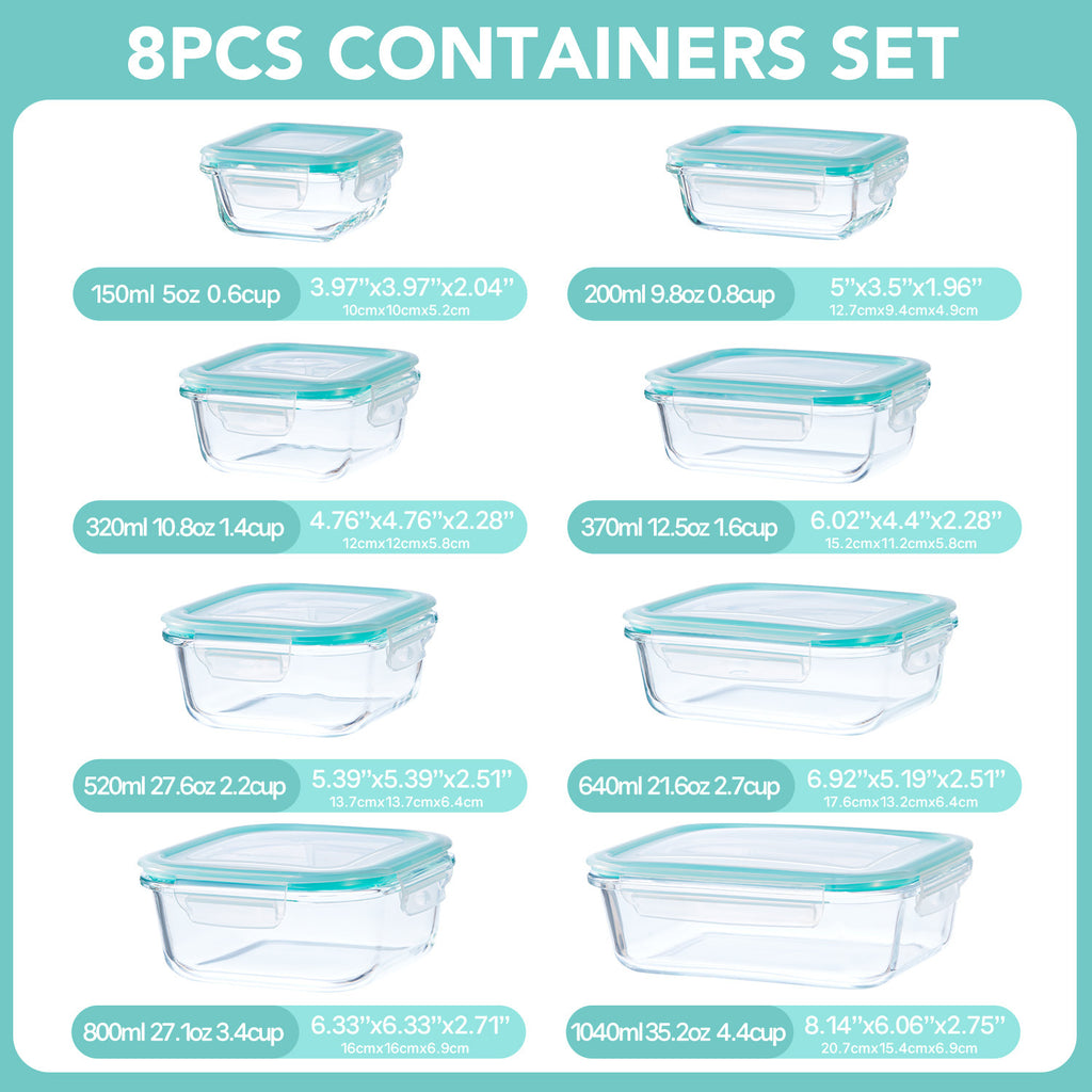 8 Pack Sealed Glass Food Storage Containers with Lids, Airtight Reusable Glass Lunch Boxes, Durable Microwave & Oven Safe Food Containers for Salad, Fruit, Vegetable & Sandwich