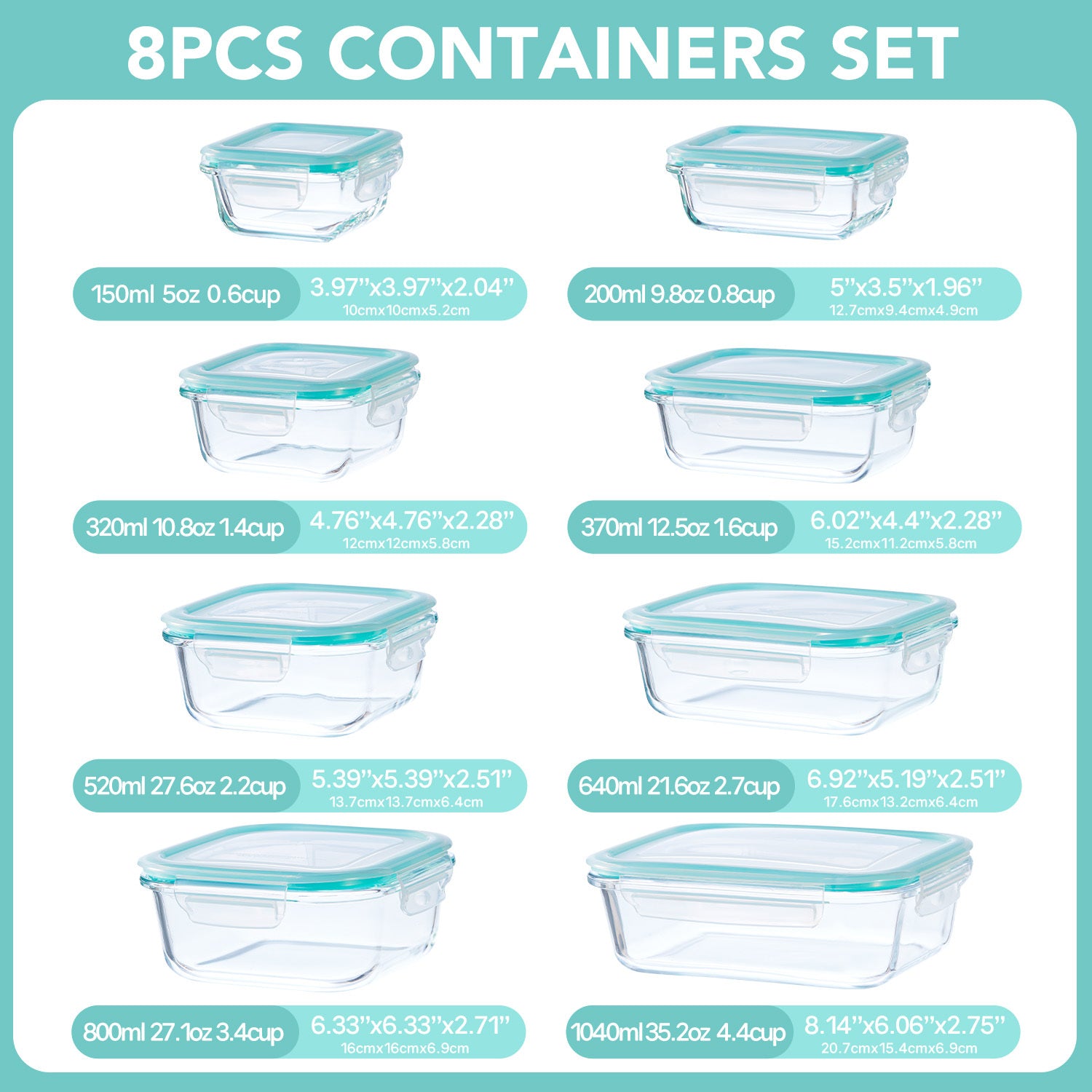 8 Pack Sealed Glass Food Storage Containers with Lids, Airtight Reusable Glass Lunch Boxes, Durable Microwave & Oven Safe Food Containers for Salad, Fruit, Vegetable & Sandwich
