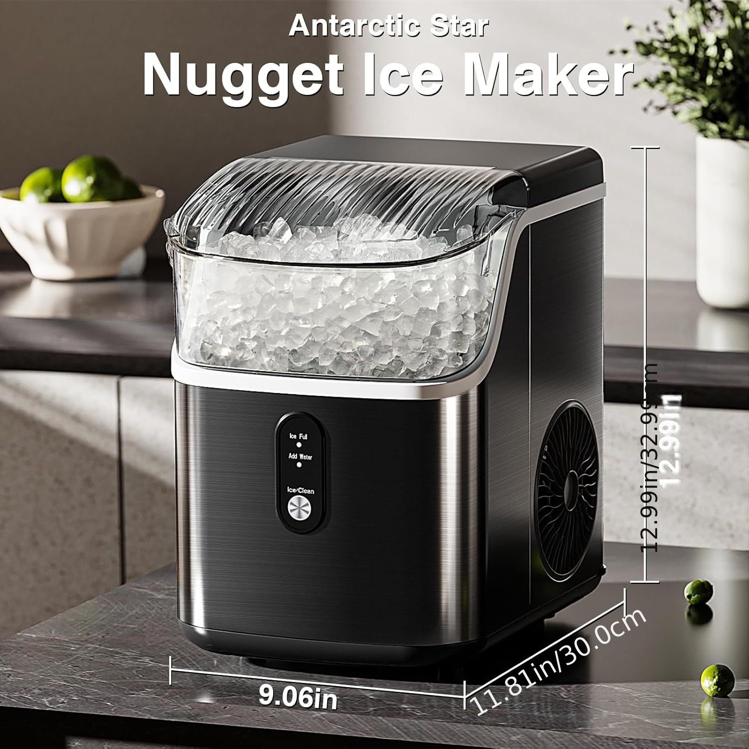 Ice Makers Countertop, Portable Ice Machine, Pebble Ice Machine with Chewable Pellet Ice, 26 Lbs/24 H, 33 Lbs/24 H,35 Lbs/24 H Self-Cleaning,One-Click Operation, for Kitchen, Office, Stainless Steel Black/Silvery