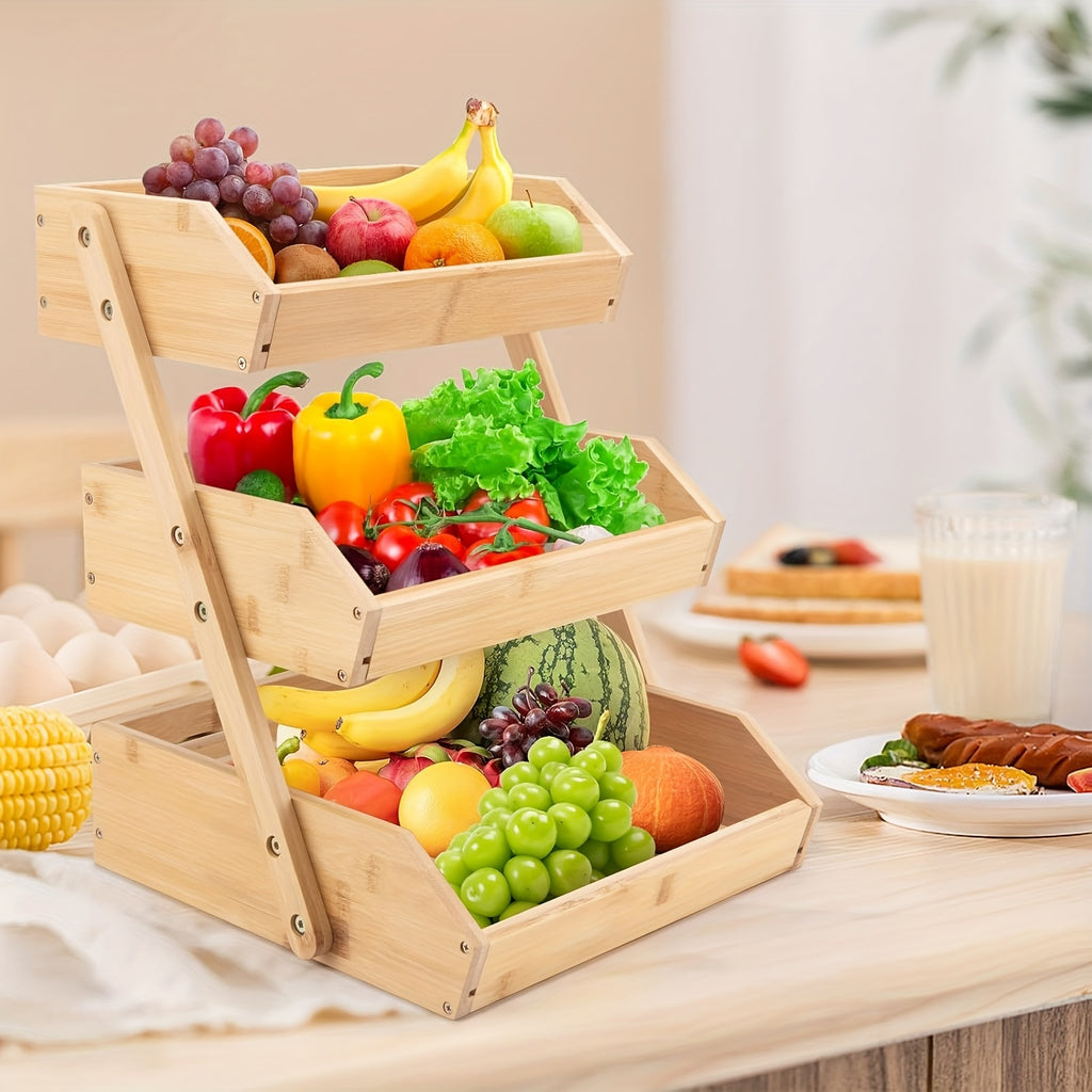2/3 Tier Wooden Fruit Vegetable Basket Stand, Open Slat Kitchen Countertop Organizer, Multi-Level Storage Shelf for Bread, Produce & Daily Food