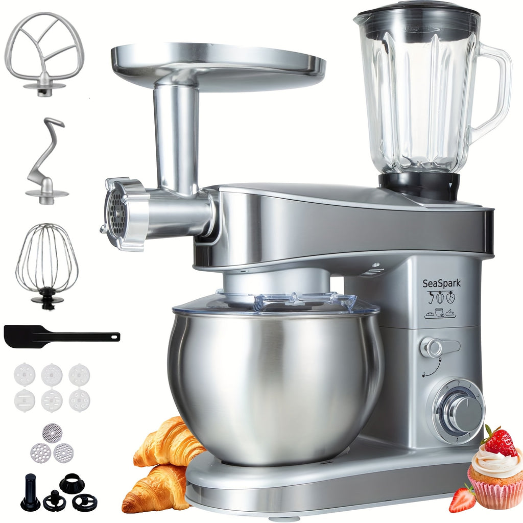 6-in-1 400W Electric Vertical Mixer, 6 Speed Pulse Control Stand Mixer, 6.3QT Stainless Steel Bowl with Dough Hook Egg Beater Juicer Meat Grinder Noodle Press Attachments