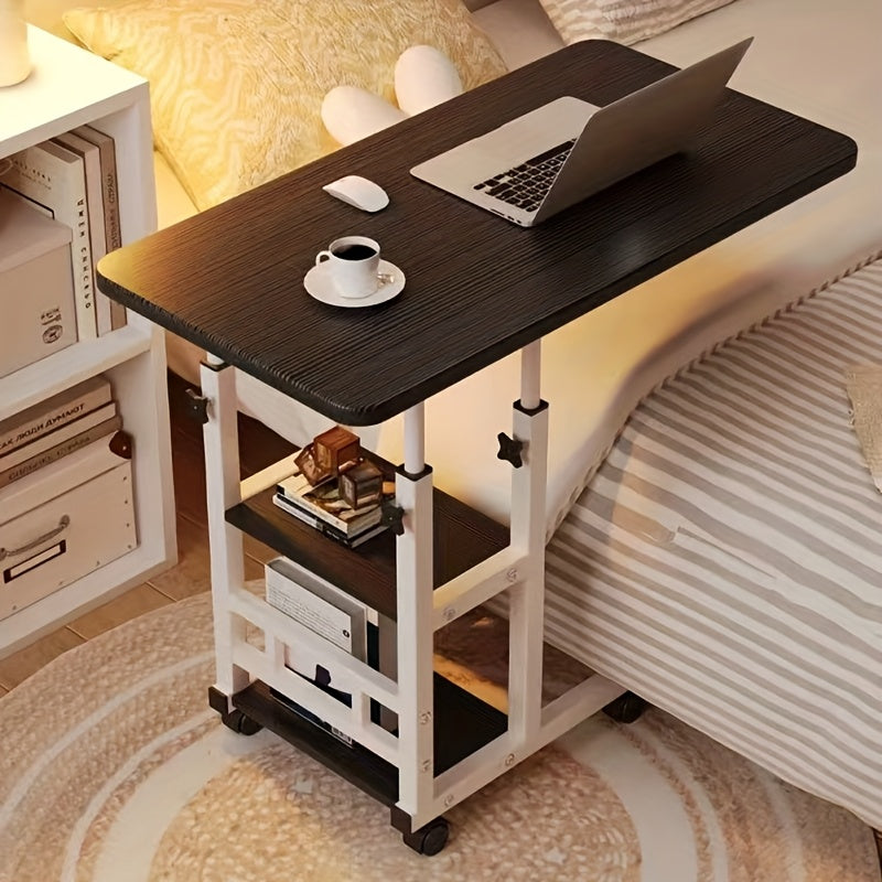 Height-Adjustable Mobile Laptop Table - 4-Wheel Rolling Study/Workstation Desk with Dual Shelves for Bedside/Dorm/Office Use, Sturdy Steel Frame & Modern Finish (Space-Saving Design)