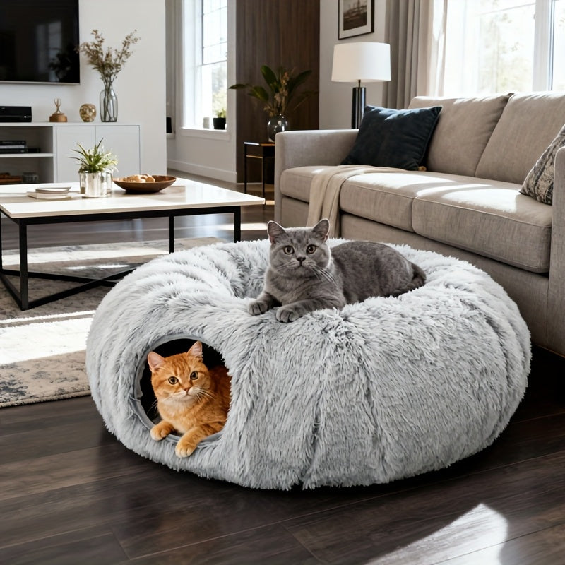 2IN1 Plush Cat Tunnel Donut Bed, Winter Warm Enclosed Hideaway Nest with Hanging Pom Pom Toy, Extra Thick Anxiety Relief Pet Bed Non Slip Base for Indoor Cats