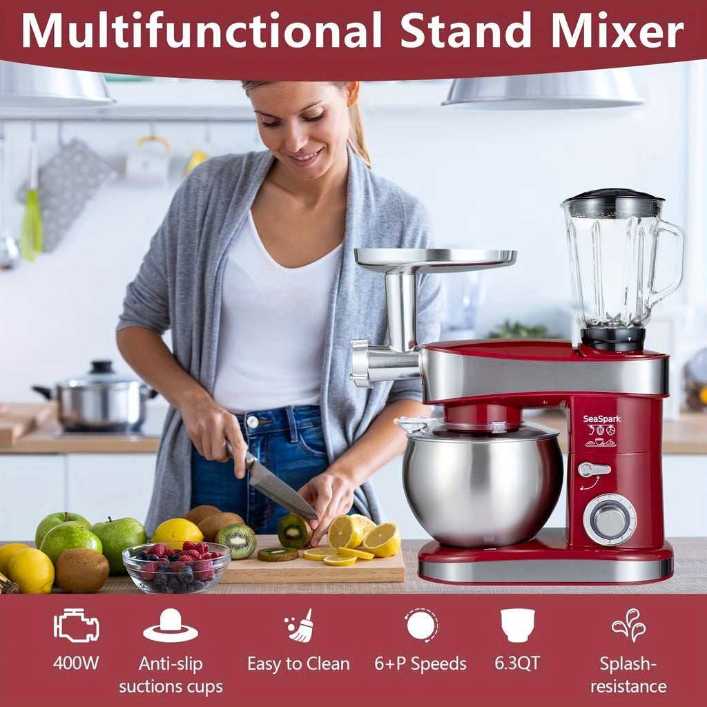6-in-1 400W Electric Vertical Mixer, 6 Speed Pulse Control Stand Mixer, 6.3QT Stainless Steel Bowl with Dough Hook Egg Beater Juicer Meat Grinder Noodle Press Attachments