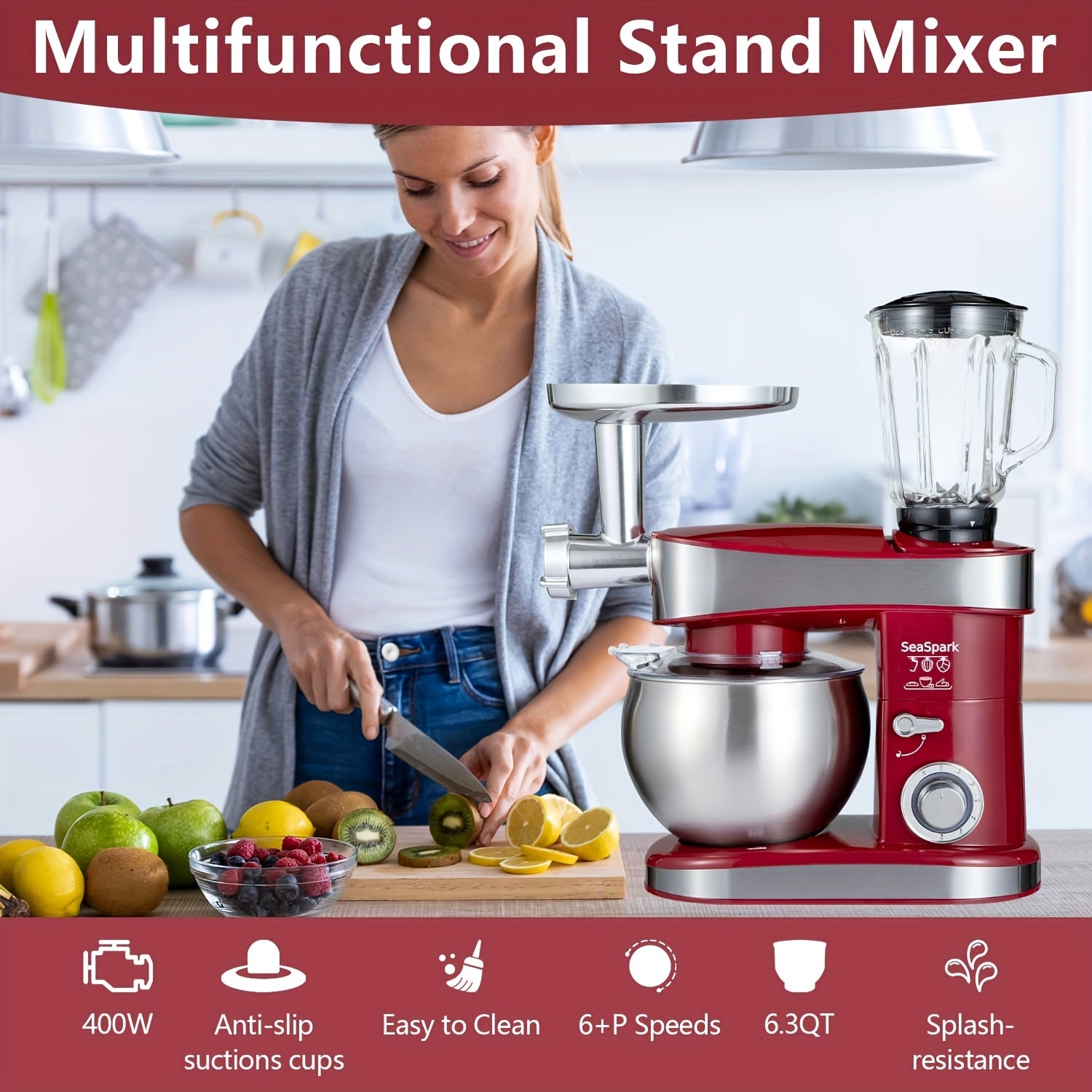 6-in-1 400W Electric Vertical Mixer, 6 Speed Pulse Control Stand Mixer, 6.3QT Stainless Steel Bowl with Dough Hook Egg Beater Juicer Meat Grinder Noodle Press Attachments