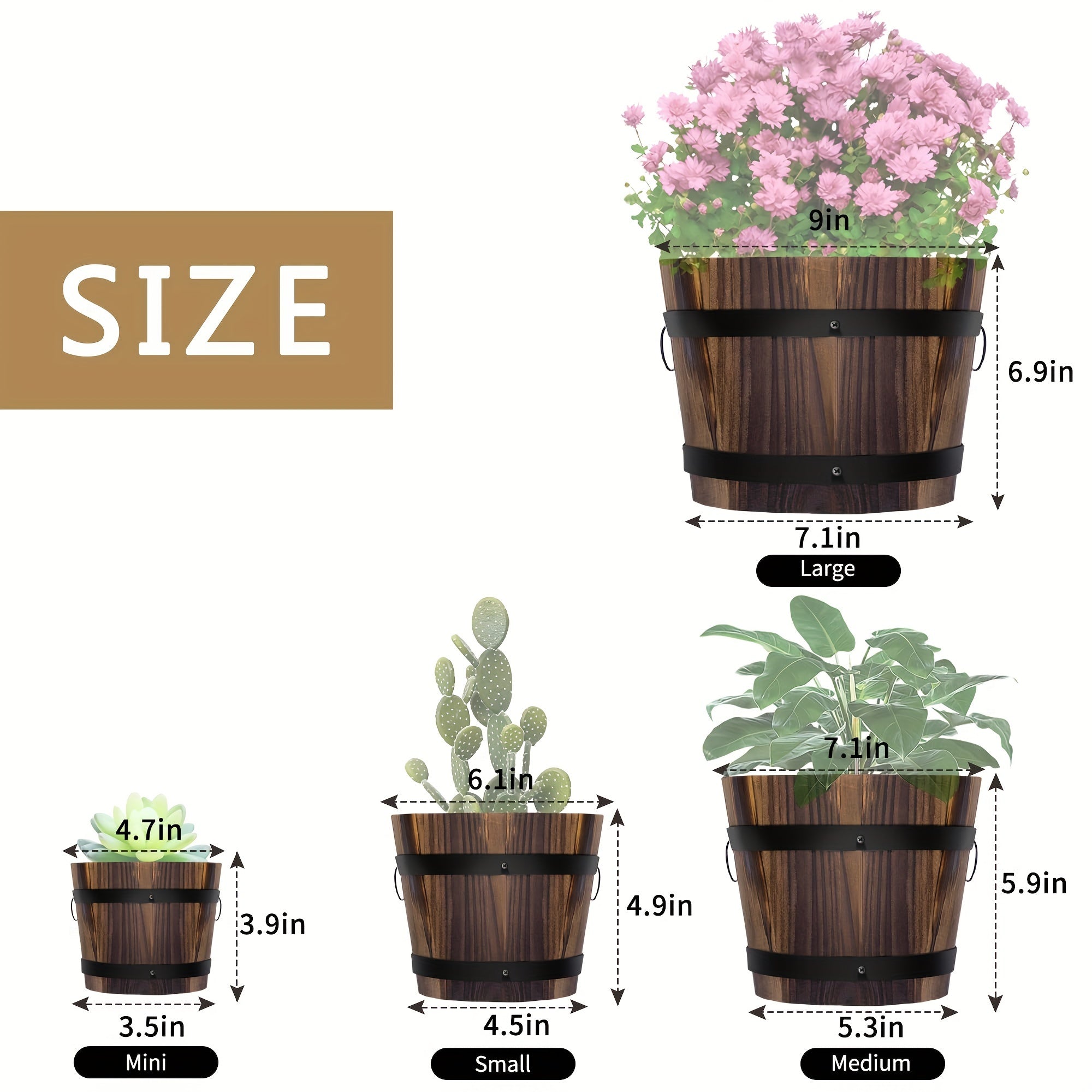 Rustic Wooden Whiskey Barrel Planters, 4 Sizes Bucket Flower Pot Set, Indoor Outdoor Garden Plant Containers for Home Decor