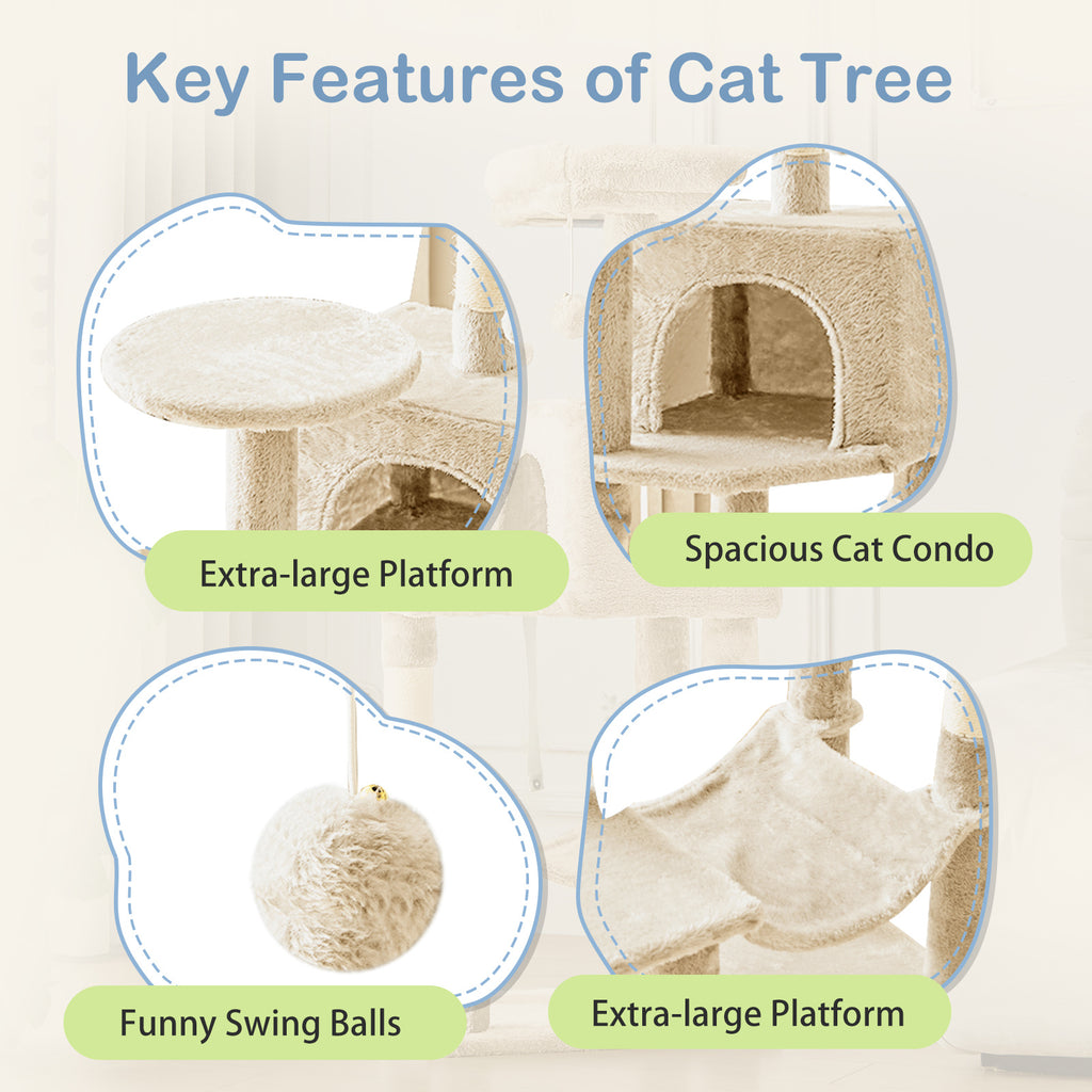 44-Inch Cat Tree Tower with Condo and Hammock, Natural Sisal Scratching Post, Multi-Level Indoor Cat Play House for Multiple Cats