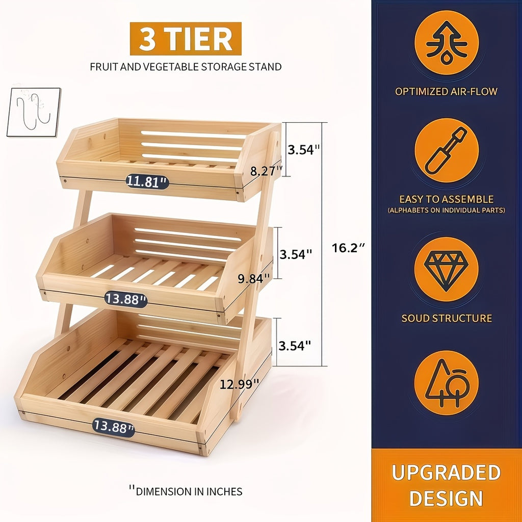 2/3 Tier Wooden Fruit Vegetable Basket Stand, Open Slat Kitchen Countertop Organizer, Multi-Level Storage Shelf for Bread, Produce & Daily Food