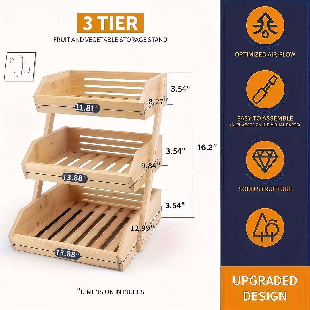 2/3 Tier Wooden Fruit Vegetable Basket Stand, Open Slat Kitchen Countertop Organizer, Multi-Level Storage Shelf for Bread, Produce & Daily Food