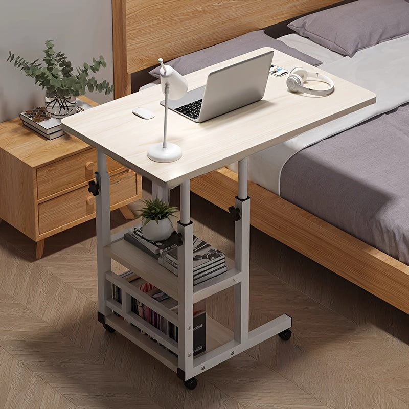 Height-Adjustable Mobile Laptop Table - 4-Wheel Rolling Study/Workstation Desk with Dual Shelves for Bedside/Dorm/Office Use, Sturdy Steel Frame & Modern Finish (Space-Saving Design)
