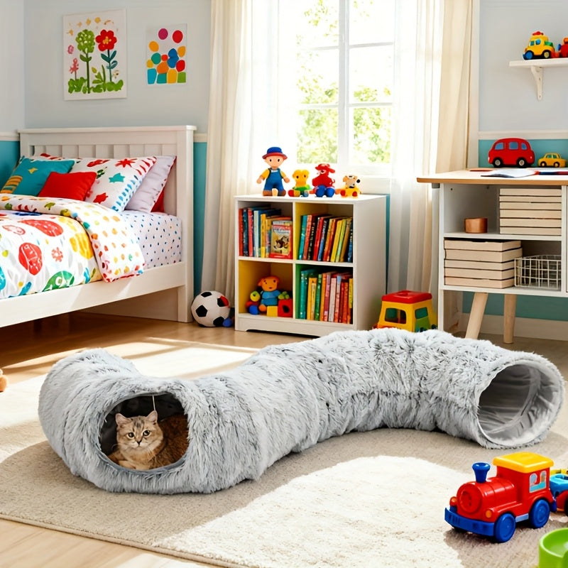 2IN1 Plush Cat Tunnel Donut Bed, Winter Warm Enclosed Hideaway Nest with Hanging Pom Pom Toy, Extra Thick Anxiety Relief Pet Bed Non Slip Base for Indoor Cats
