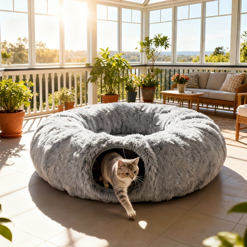 2IN1 Plush Cat Tunnel Donut Bed, Winter Warm Enclosed Hideaway Nest with Hanging Pom Pom Toy, Extra Thick Anxiety Relief Pet Bed Non Slip Base for Indoor Cats