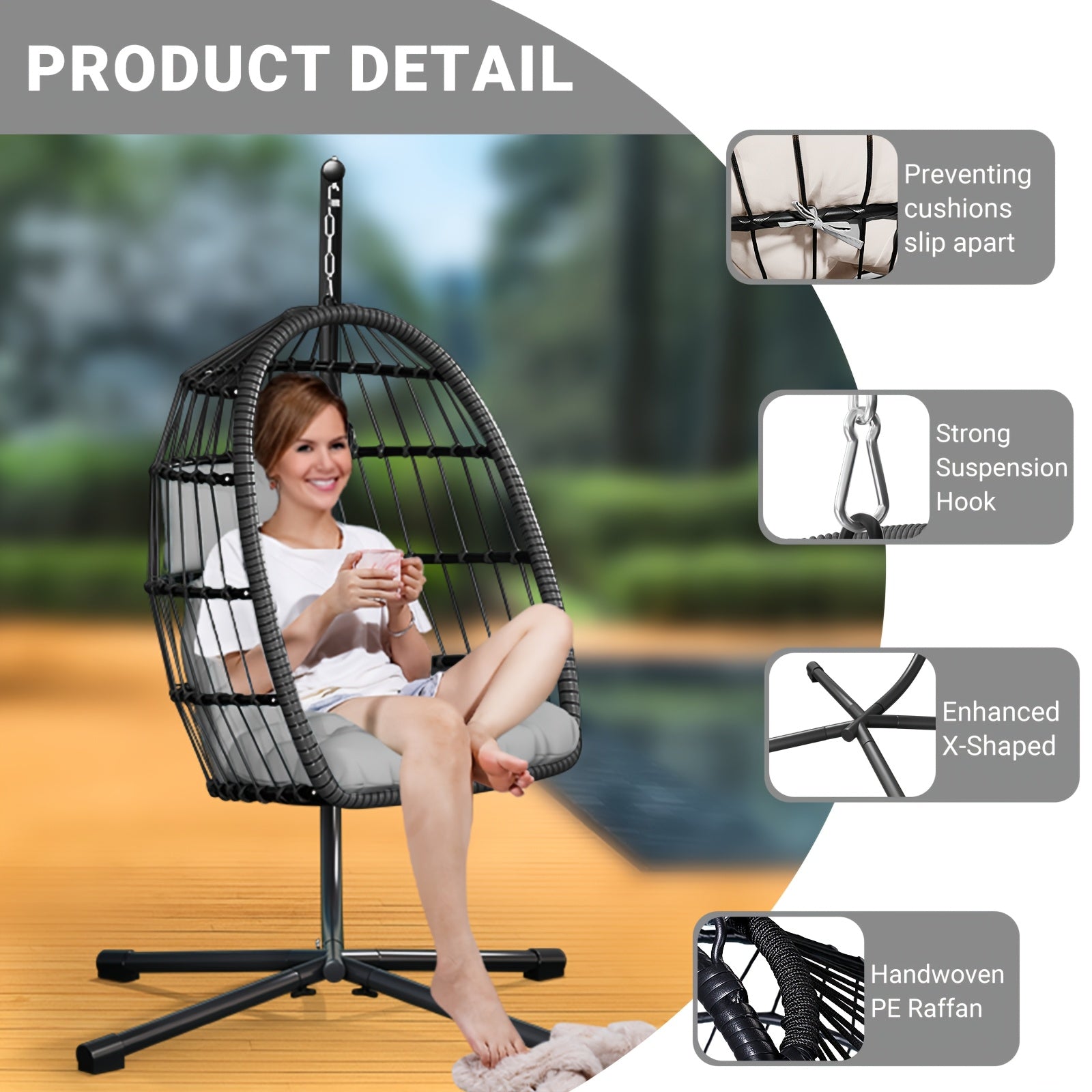 LEVELEVE Rattan Wicker Egg Chair with Stand, 350LBS Outdoor Hanging Swing Hammock Chair, Aluminum Frame UV Resistant Cushion