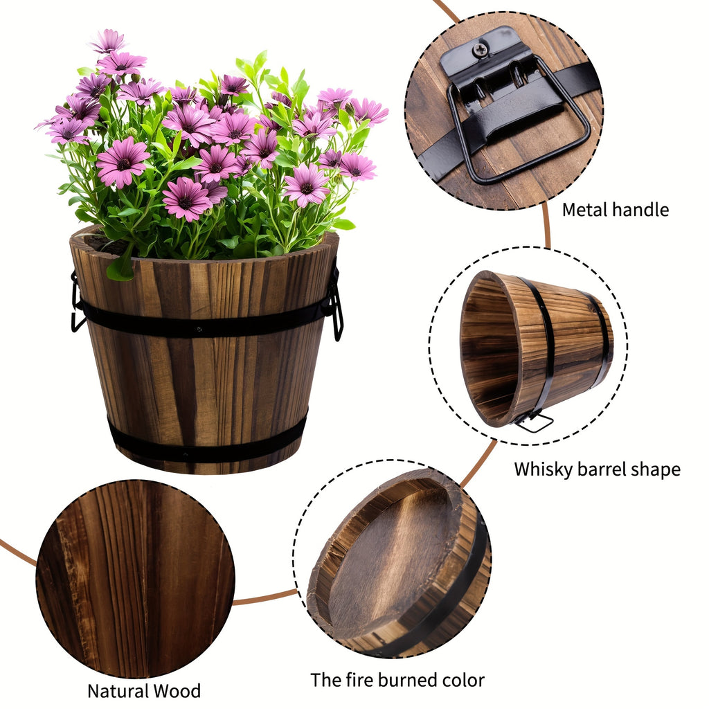 Rustic Wooden Whiskey Barrel Planters, 4 Sizes Bucket Flower Pot Set, Indoor Outdoor Garden Plant Containers for Home Decor