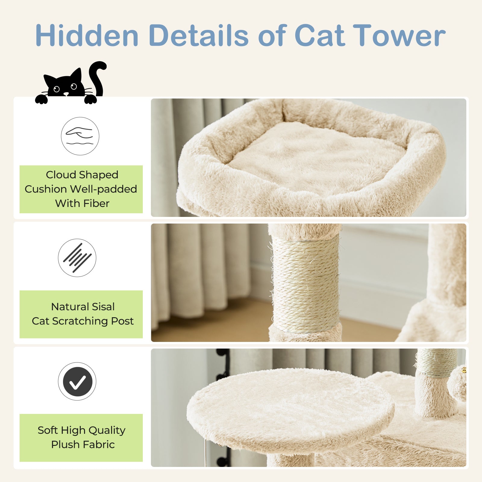 44-Inch Cat Tree Tower with Condo and Hammock, Natural Sisal Scratching Post, Multi-Level Indoor Cat Play House for Multiple Cats