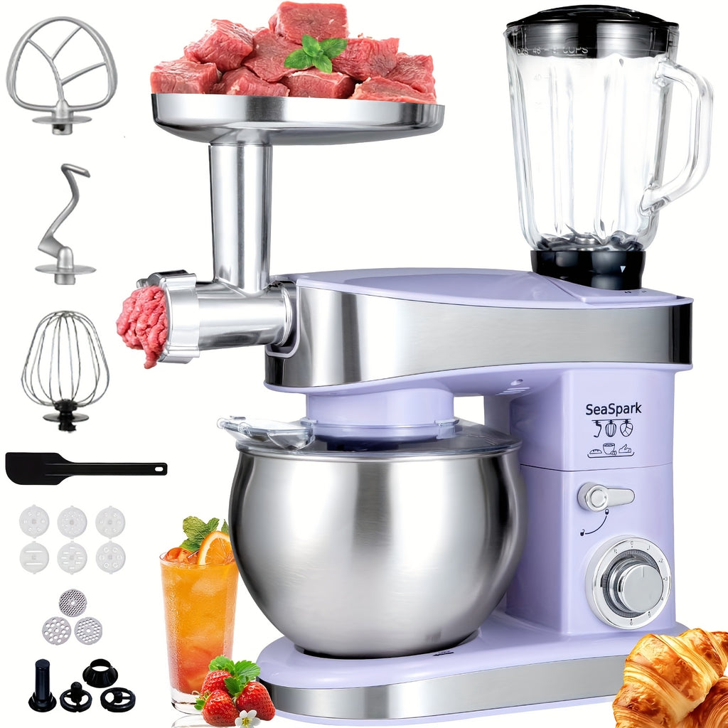 6-in-1 400W Electric Vertical Mixer, 6 Speed Pulse Control Stand Mixer, 6.3QT Stainless Steel Bowl with Dough Hook Egg Beater Juicer Meat Grinder Noodle Press Attachments