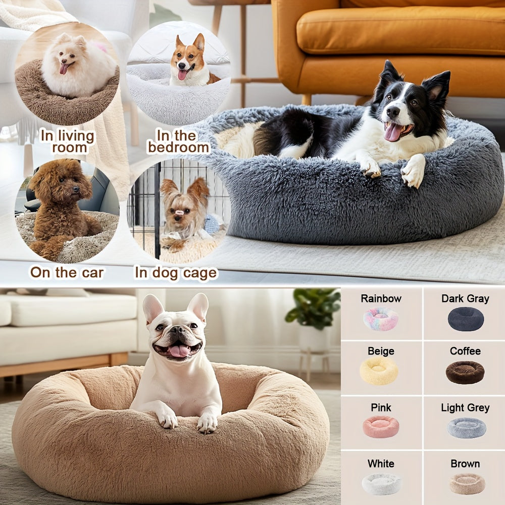Calming Donut Cuddler Pet Bed, Soft Warm Fluffy Faux Fur Round Plush Cushion Bed for Small Medium Large Dogs and Cats