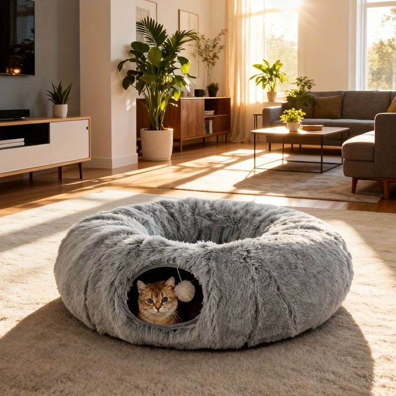2IN1 Plush Cat Tunnel Donut Bed, Winter Warm Enclosed Hideaway Nest with Hanging Pom Pom Toy, Extra Thick Anxiety Relief Pet Bed Non Slip Base for Indoor Cats