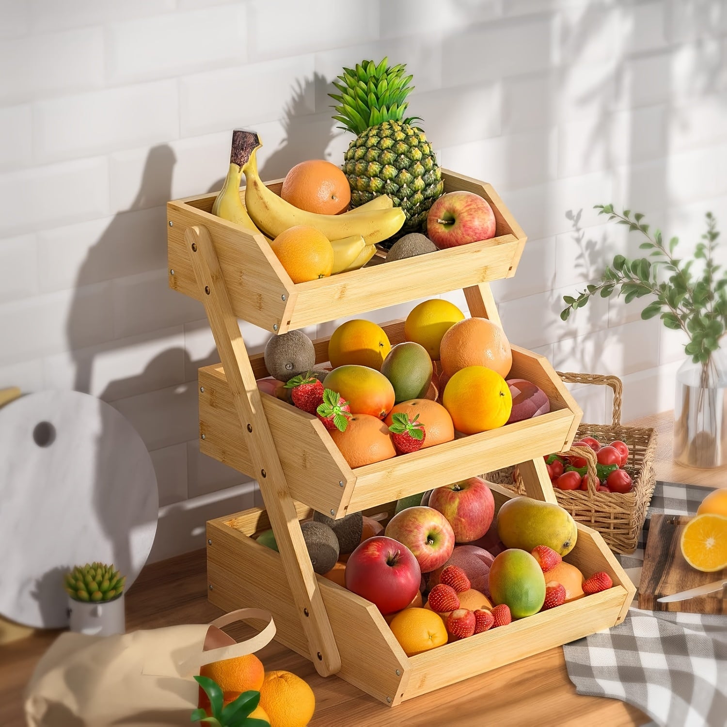 2/3 Tier Wooden Fruit Vegetable Basket Stand, Open Slat Kitchen Countertop Organizer, Multi-Level Storage Shelf for Bread, Produce & Daily Food
