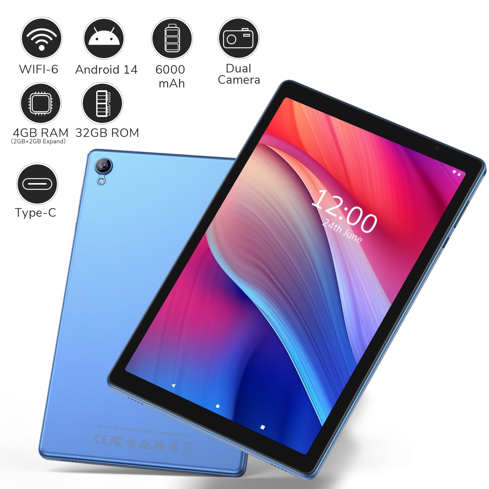 PRITOM 10.1 Inch Android 14 Tablet, 4GB RAM 32GB ROM Quad Core Tablet PC, 6000mAh Battery HD IPS Screen, WiFi Dual Camera Portable Pad