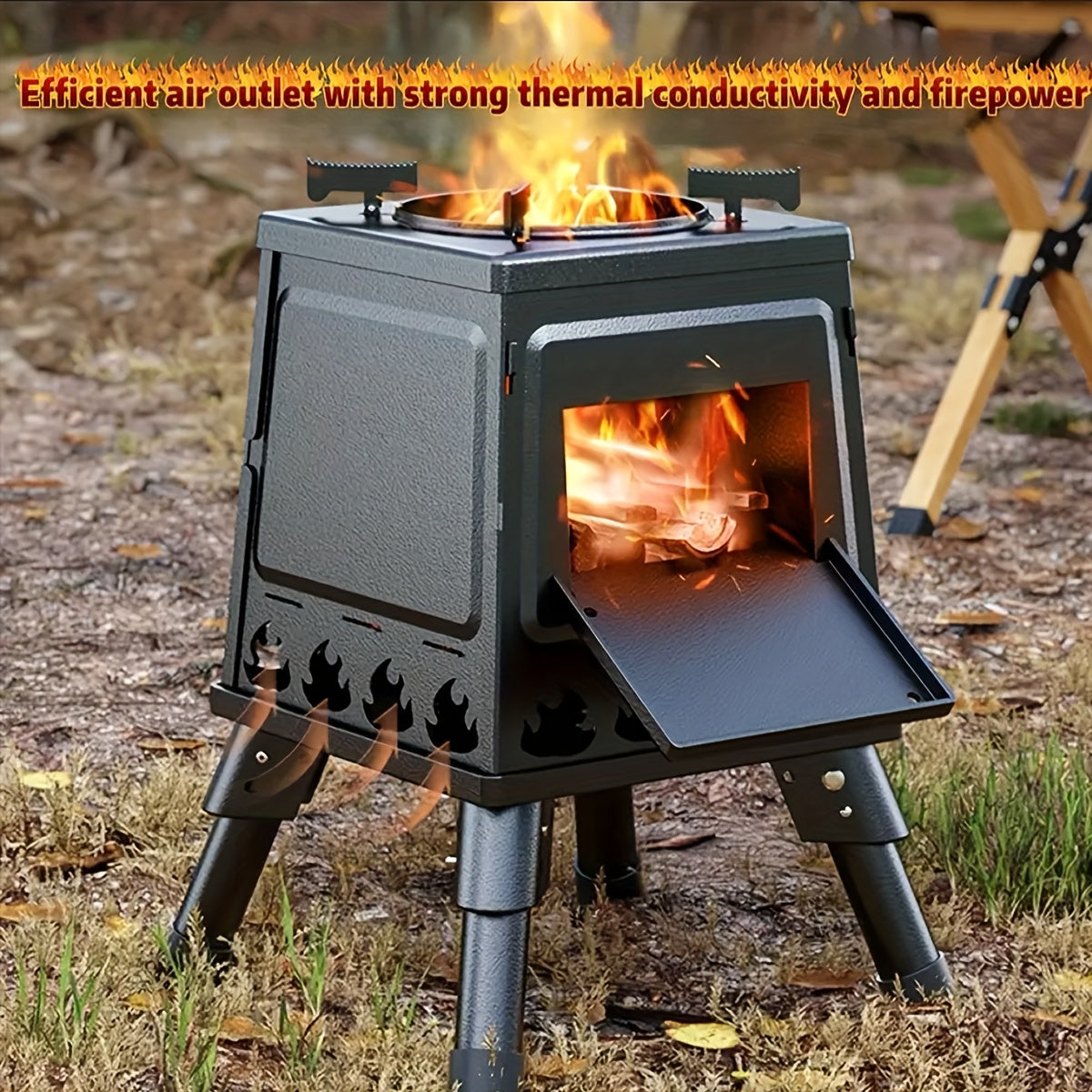Portable Wood Burning Camp Stove with Air Vents & Sturdy Legs, No Electricity Needed Heavy-Duty Outdoor Campfire Stove for Hiking Backpacking Picnic BBQ