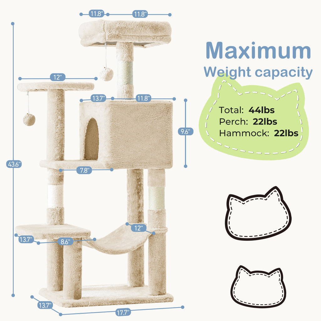 44-Inch Cat Tree Tower with Condo and Hammock, Natural Sisal Scratching Post, Multi-Level Indoor Cat Play House for Multiple Cats
