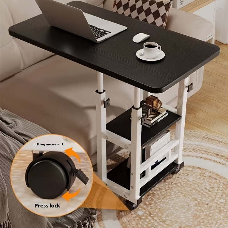 Height-Adjustable Mobile Laptop Table - 4-Wheel Rolling Study/Workstation Desk with Dual Shelves for Bedside/Dorm/Office Use, Sturdy Steel Frame & Modern Finish (Space-Saving Design)