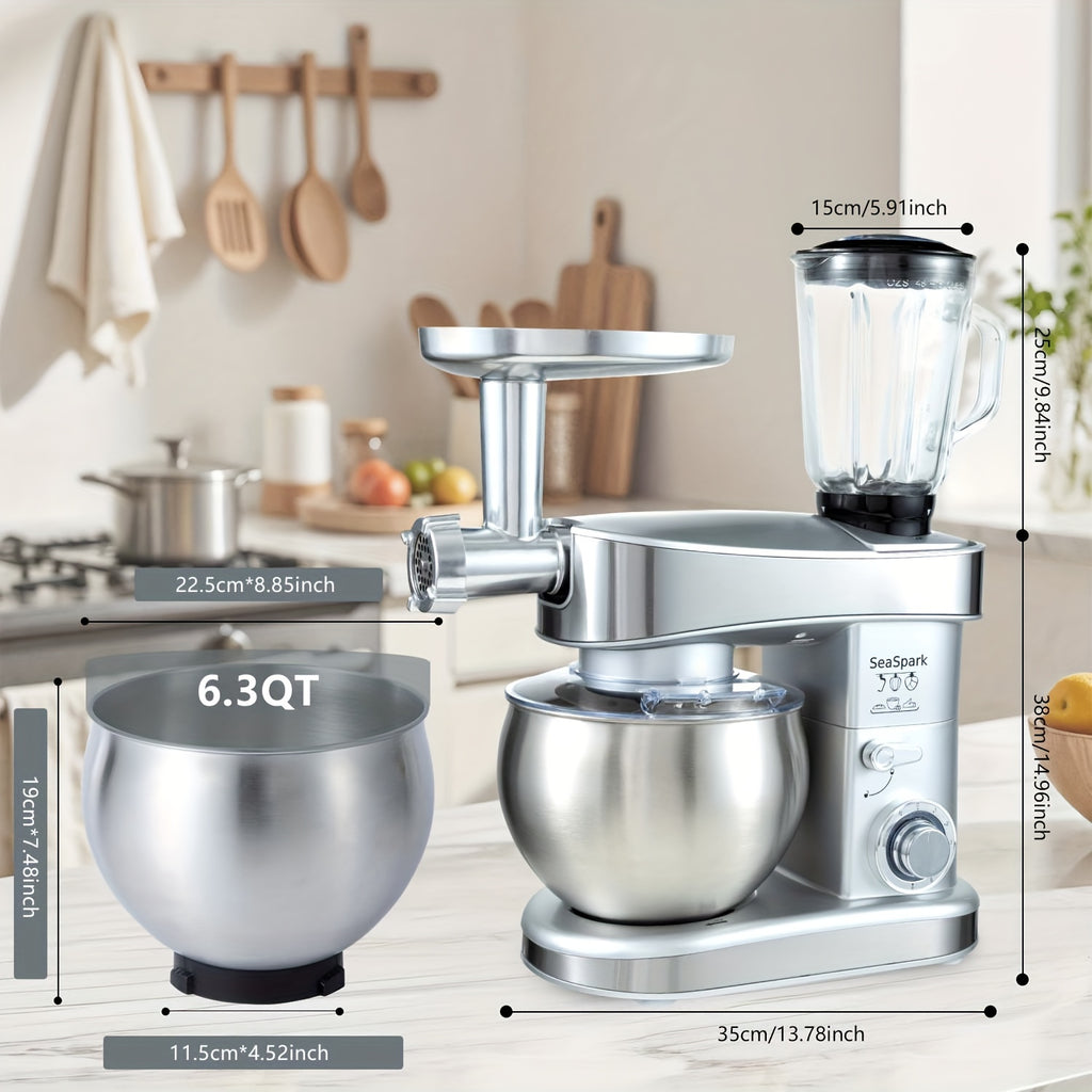 6-in-1 400W Electric Vertical Mixer, 6 Speed Pulse Control Stand Mixer, 6.3QT Stainless Steel Bowl with Dough Hook Egg Beater Juicer Meat Grinder Noodle Press Attachments