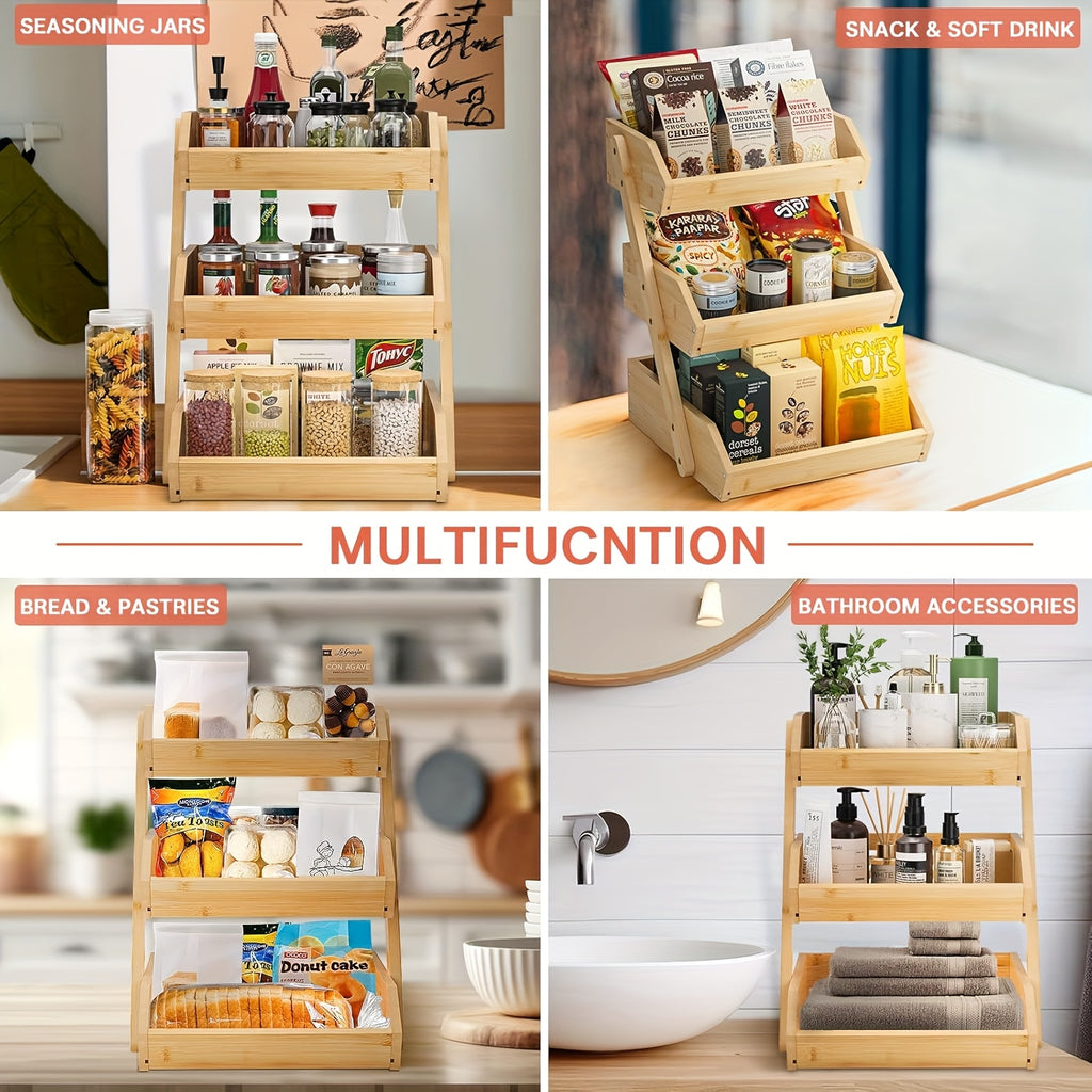 2/3 Tier Wooden Fruit Vegetable Basket Stand, Open Slat Kitchen Countertop Organizer, Multi-Level Storage Shelf for Bread, Produce & Daily Food