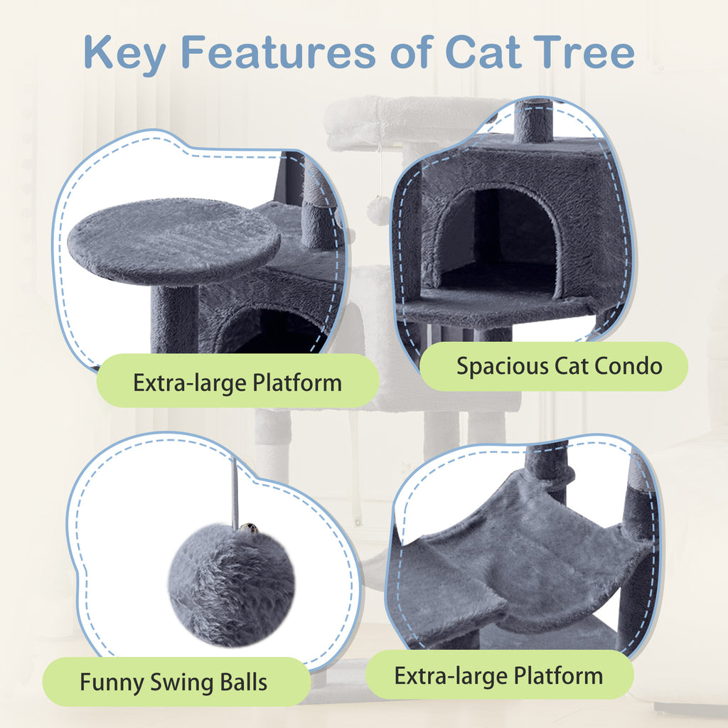 44-Inch Cat Tree Tower with Condo and Hammock, Natural Sisal Scratching Post, Multi-Level Indoor Cat Play House for Multiple Cats